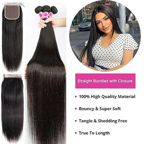 Straight Bundles with Closure (18 20 22+16 Inch) 100% Unprocessed Brazilian Remy Hair Weave 3 Bundles with 4x4 HD Lace Closure Free Part Natural Black Color Hair Extensions for Women