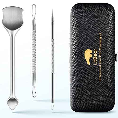LitBear Pore Prep Tool, Blackhead Remover Pimple Popper Tool Kit, Stainless Steel Blackhead Extractions Tool for Acne, Whitehead Popping, Blemish, Comedone, Black