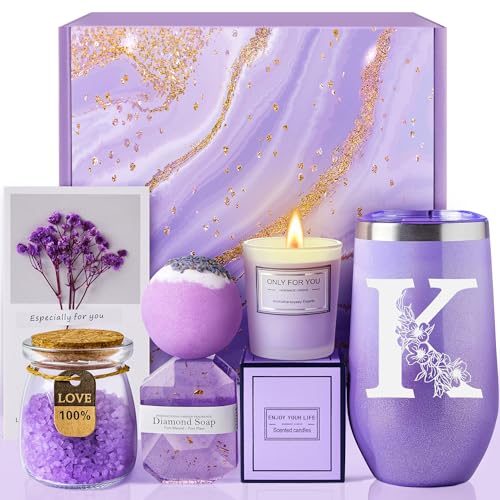 Gifts for Women, Mom, Wife, Girlfriend, Sister, Friends, Her - Unique Birthday, Christmas, Valentine's Day, Mothers Day Gifts - Initial Lavender Spa Gift Basket Set (K)