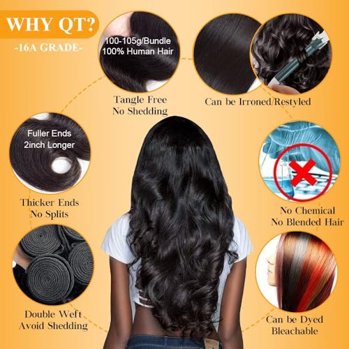 QTHAIR 16A Brazilian Virgin Hair Body Wave Human Hair Bundles 14 14 14 inch 300g 100% Unprocessed Virgin Brazilian Body Wave Human Hair Weave Natural Color for Black Women
