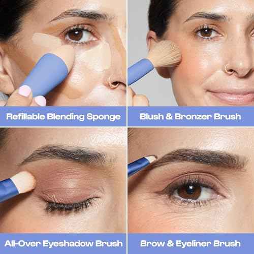 Alleyoop Multi-Tasker 4-in-1 Travel Makeup Brush Set ? Compact Makeup Brushes with Blending Sponge, Eyeshadow, Eyebrow & Liner, Blush & Bronzer Brush ? Mini Makeup Tools Kit for Women, Vegan