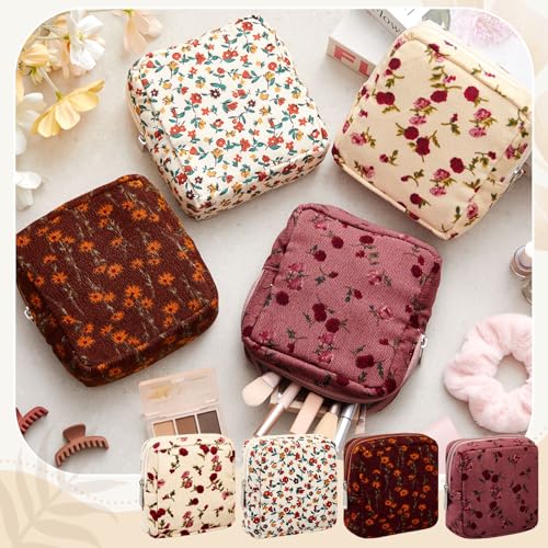 Abbylike 4 Pcs Floral Makeup Bag Cosmetic Bag with Zipper Portable Small Pouches for Purse Toiletry Mini Pouch Cute Mini Makeup Purse for Coin Essentials Items Women (Retro)