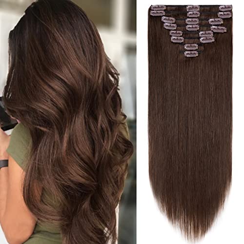 S-noilite Clip in Human Hair Extensions Full Head 8 Pieces/Set Long Straight Silky Soft Clip on Hair (18"-100g #4 Medium Brown)