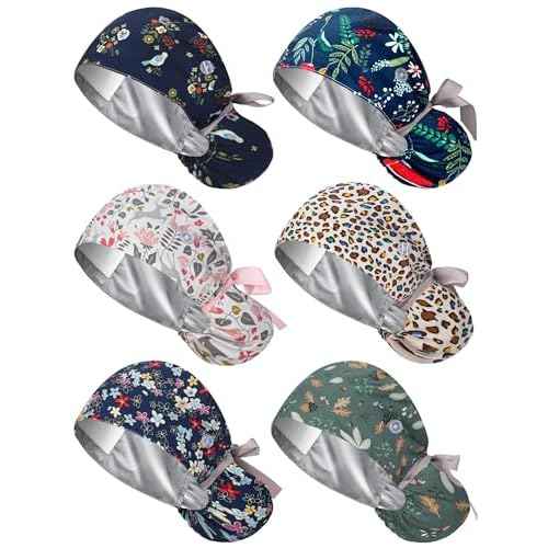 6 Pcs Satin Lined Scrub Caps Women Nurse Surgical Hat with Buttons Ponytail Working Adjustable Pouch Tie Back