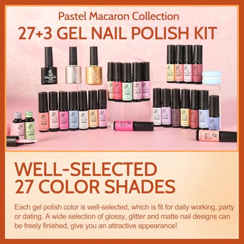 Lavender Violets 30pcs Gel Nail Polish Set 27 Shiny Candy Colors with Base and Glossy & Matte Top Coat for Home Nail Art Design DIY Gift Set C974