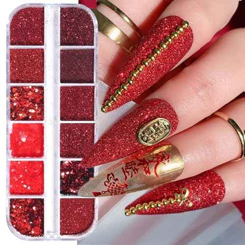 12Grid Red Nail Glitter Holographic Powder for Christmas, Winter & Festival Nail Designs - DIY Manicure Decoration