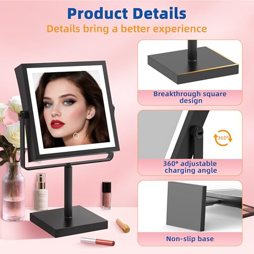 Ruacq Vanity Mirror with Lights, Height & Brightness Adjustable, Rechargeable 4000mAh Lighted Makeup Mirror with Magnification 1X/10X, 3 Color Lights & 360¡Æ Rotation (Matte Black-Table)