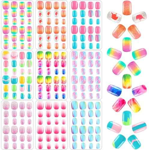 216Pcs 9 Pack Kids Press on Nails Grils Full Cover Short False Stick on Nail Tips for Kids Nail Art Decoration Christmas Birthday Valentine's Party Favors Gift(Gradient Style)