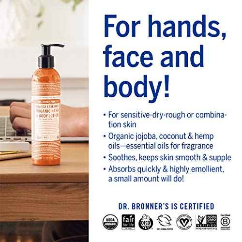 Dr. Bronner's - Organic Lotion (Orange Lavender, 8 Ounce) - Body Lotion and Moisturizer, Certified Organic, Soothing for Hands, Face and Body, Highly Emollient, Nourishes and Hydrates, Vegan, Non-GMO