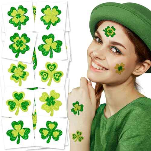 ArtCreativity St Patrick¡¯s Day Tattoos with Glitter - Set of 50 - Individual Temporary Shamrock Tattoos in 5 Designs - St. Patrick¡¯s Day Party Favors - St Patty¡¯s Accessories