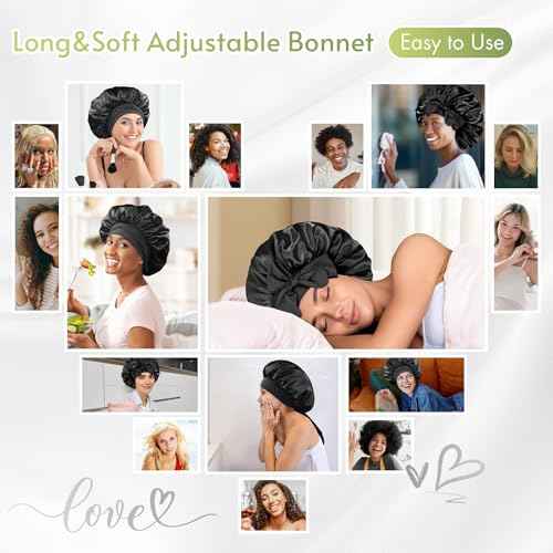 BONNET QUEEN Silk Bonnet for Sleeping Women Satin Bonnet Night Sleep Cap Hair Wrap for All Hair with Adjustable Tie Band,Black