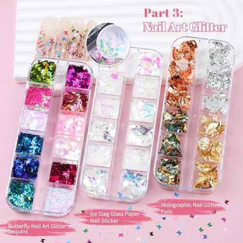 10 Boxes Nail Art Kit - 12 Colors Pointed/Flatback Rhinestones, 3D Gold/Silver/Rose Nail Studs, White Beige Half Pearls, Holographic Glitter & Foils + 3 Tools for DIY Nail Art Jewels & Crafts