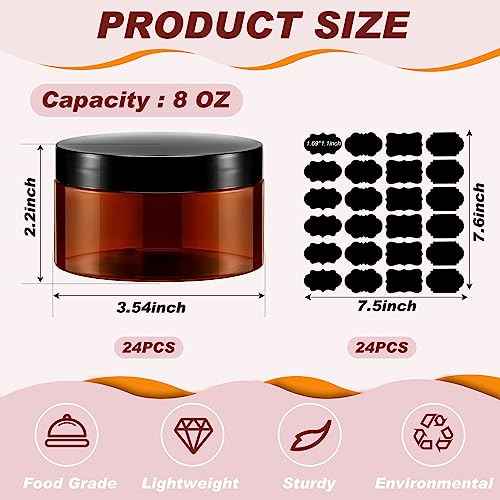 Dandat 24 Pcs 8 oz Plastic Jar Container with Lid and Label Refillable Empty Round Amber PET Cosmetic Sample Containers for Lotion, Cream, Ointments, Body Butter, Makeup, Travel Storage