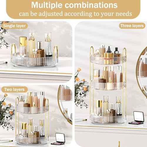 MOKANI 360 Rotating Makeup Organizer for Vanity, 3 Tier Adjustable Perfume Organizer for Dresser, Multi-Function Spinning Cosmetics Skincare Storage for Bedroom, Dresser, Countertop, Clear