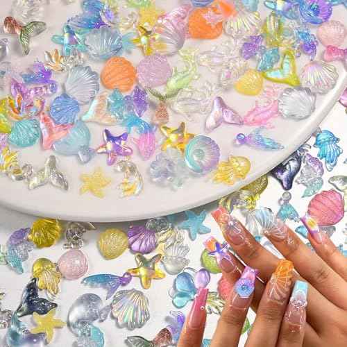 100 Pcs Marine Life Nail Charms, 3D Resin Charms Mermaid Jellyfish Seashell Starfish Nail Rhinestones Glow in The Dark Designs for Women Nail Supplies Summer Beach DIY Crafts Manicure Decoration