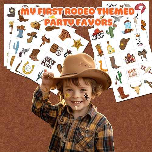96PCS First Rodeo Pre-cut Temporary Tattoos 8 Sheets Cowboy 1st Party Decorations Favors Supplies Western Theme Birthday Cute Stickers Christmas Gifts Boys Girls Class School Prizes (Normal)