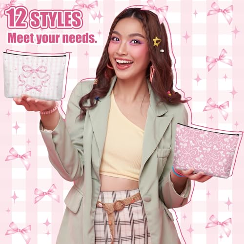 Reginary 12 Pcs Pink Bow Makeup Bags Coquette Bow Cosmetic Bags with Zippers Coquette Party Favors Pink Aesthetic Elegant Pouch Bulk Gifts for Women Stuff Christmas Birthday Supplies Travel Accessory