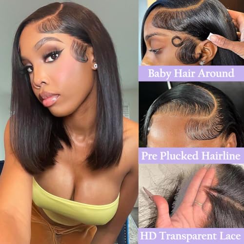 Short Bob Wig Human Hair Straight Bob Lace Front Wigs Human Hair for Women 180 Density Glueless Brazilian Virgin Human Hair Bob Wig 13x4 HD Transparent Lace Frontal Bob Wigs Natural Black 8 Inch