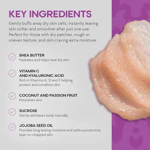 Dermasuri - Exfoliating Sugar Scrub - Body Scrubber for Men & Women - Exfoliates & Removes Dead, Dry Skin for a Soft & Radiant Glow - Deep Hydration - Stocking Gifts for Women - Coconut Passion Fruit