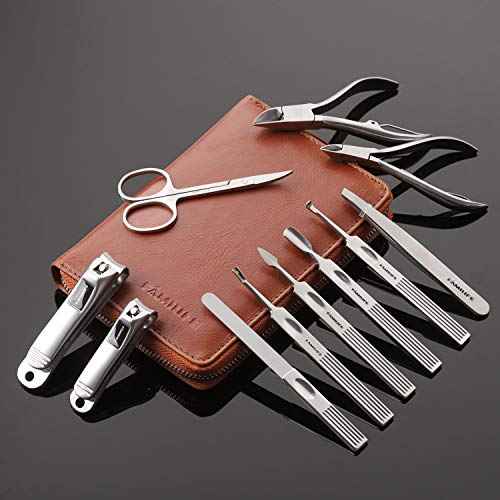 FAMILIFE Manicure Set, Professional Manicure Kit Nail Clippers Set 11 in 1 Stainless Steel Pedicure Tools Nail Kit Men Grooming Tool with Portable Brown Leather Travel Case Luxury Gifts for Him