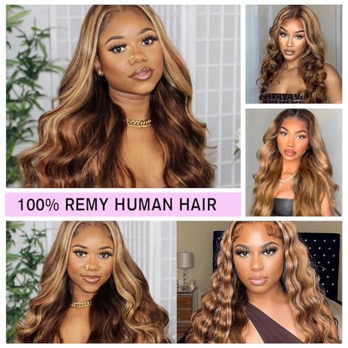 Ombre Lace Front Wig Human Hair 4/27 13x4 HD Body Wave Highlight Lace Front Wig Human Hair Pre Plucked With Baby Hair 24Inch Glueless Lace Front Wigs 180% Density