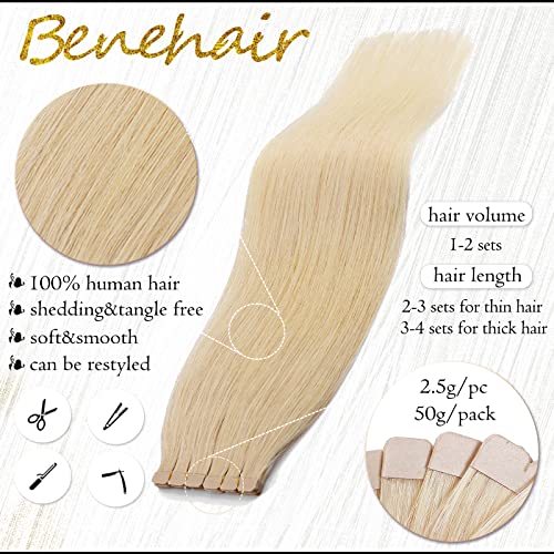 Benehair Tape in Hair Extensions Human Hair Blonde 20pcs 50g/pack Straight Hair Extensions Seamless Skin Weft Tape in Natural Hair for Women (22", 613 Bleach Blonde)