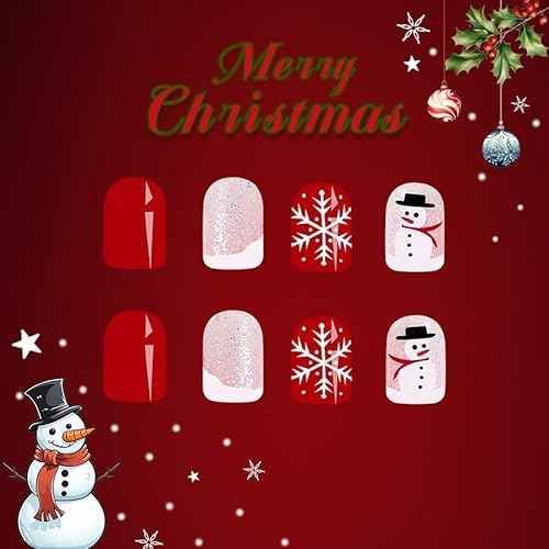 24Pcs Christmas Red Press on Nails Short Square Fake Nails with Silver Glitter Snowman Design Glossy Cute Christmas Nails Full Cover Stick on Nails Halloween Glue on Nails for Women Nail Art DIY