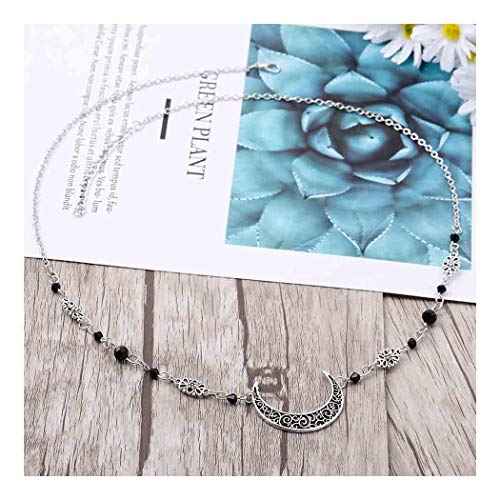 Boho Head Chain Crescent Moon Forhead Chain Black Crystal Headpieces Hair Accessories for Women and Girls (Silver)