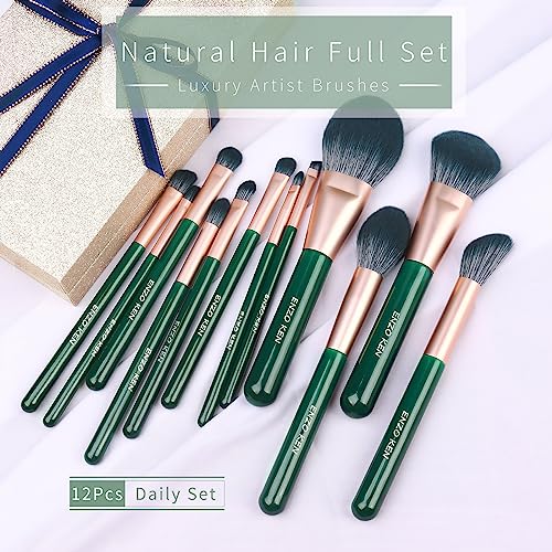 Natural Fiber & Goat Hair Makeup Brush Set Professional, Combined Hair Makeup Brushes Set with Case by Luxury ENZO KEN, Emerald Green Cosmetic Brushes Makeup Set, Natural Bristle Makeup Brushes.