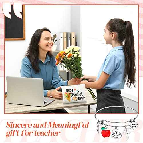 Highergo 2 Pcs Christmas Teacher Appreciation Gifts Set for Women Personalized Xmas Gifts Kits Cosmetic Bag Makeup Pouch Thank You Bangle Bracelet Keychain Present, Best Teacher Ever Present