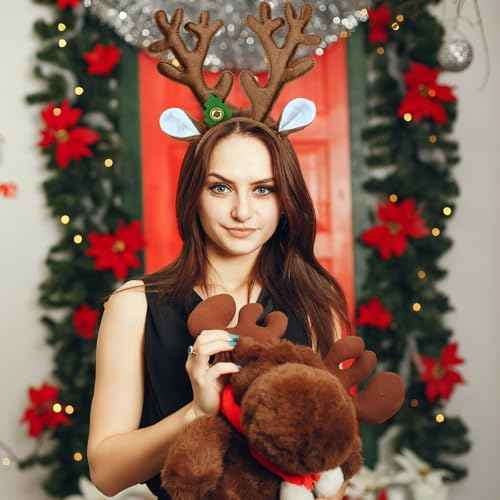 Beviliu Reindeer Antlers Headband, Deer Hairband Costume with Bells, Cute Christmas Hairband Accessories for Adults Halloween Santa Holiday Parties, 2Pack