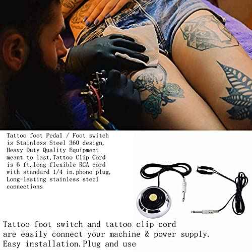 Foot Pedal and Clip Cord,New Star Tattoo 360 GEM Pro Stainless Steel Foot Pedal Switch Control and Tatto Clip Cord for Tattoo Machine Power Supply Tattooing Supplies Kits