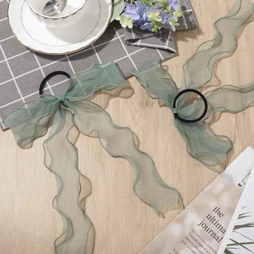 2Pcs Large Bow Hair Ties, Light Green Organza Ribbon Bow Hair Scrunchies for Women, Elegant Long Tail Bowknot Ponytail Holder French Hair Accessories for Wedding, Parties, Festivals
