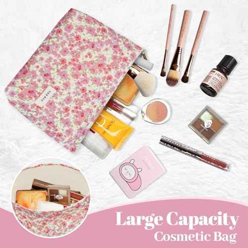 LJCZKA Aesthetic Floral Makeup Bag Cute Cotton Make up Pouch Large Flower Travel Toiletry Organizer Bag (Pink)