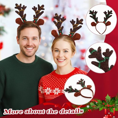 24 Pcs Christmas Reindeer Antlers Headband Bulk Sequined Reindeer Headwear Elk Headpiece for Xmas Party Costume Supply
