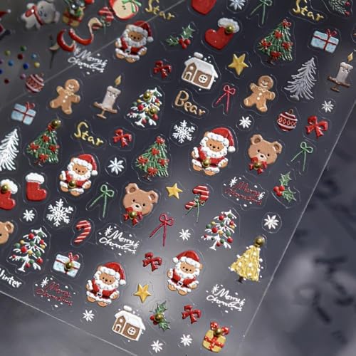 1 Sheet Christmas Nail Sticker Self- Adhesive Nail Decals with Cute Snowman Candle Snowflake Bow Elk Santa Claus Design Xmas Nail Art Stickers for Women Winter Holiday Nail Sticker