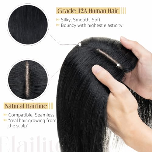 Elailite Human Hair Toppers for Women Real Human Hair Thin 4.7"x3.9" Silk Base Clip in Remy Hairpieces 8 Inch Jet Black