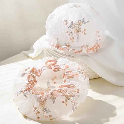 Shower Cap Reusable Waterproof Shower Caps for Women, Large Shower Cap for Long Hair, Washable Double Layers Elastic Band Bath Hair Hat, Unique hand-embroidered design Shower Bonnet Hair Cap Bath Caps