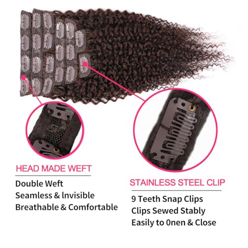 24 Inch Chocolate Brown Kinky Curly Clip ins Human Hair 110g 8pcs 20 Clips 3C 4A Curly Clip In Hair Extensions Real Human Hair Brazilian Virgin Hair Full Head for Women 4# Color