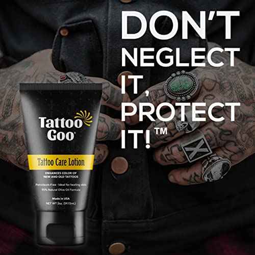 Tattoo Goo Tattoo Care Lotion, 2 oz, Soothes Itch & Irritation, Hydrate & Preserve Color, Non-Greasy Moisturizer, Aftercare Lotion with Olive Oil & Panthenol, No Petroleum or Mineral Oil