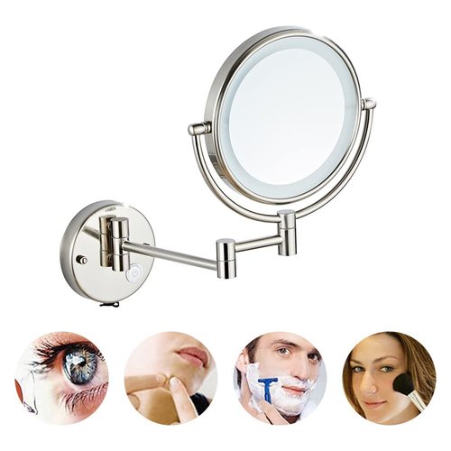 HIHIA Wall Mounted Makeup Mirror with 10X Magnification, 8 Inch Double Sided Vanity Magnifying Vanity Mirror with Led Lights for Girls, USB Rechargeable, Touch Control ON/Off (Nickel)