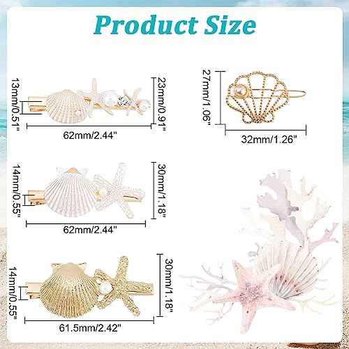 PH PandaHall 4 Styles Starfish Shell Hair Clip Beach Alligator Hair Clips Starfish Barrettes Dainty Sea Theme Clips for Mermaid Decor Beach Travel Wedding Supplies