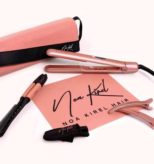 NuMe x Noa Kirel Stylista Straightener - Professional Ceramic Tourmaline Flat Iron with Negative Ion Booster, Infrared Light Strip and Dual Voltage, Heat Mat, Brush and Clips Set - All Hair Types