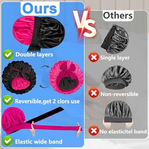 Reversible Silk Bonnet for Sleeping Women - Double Layer & Color Satin Bonnet, Adjustable Hair Cap for Curly & Textured Hair (Rose Red & Black)
