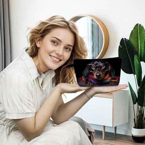 Funny Dog Puppy Present Funny Dachshund Makeup Bag Cute Small Organizer Bag with Zipper Glasses Dachshund Cosmetic Bag Birthday Presents for Dachshund Lovers Dog Mom Women Friends