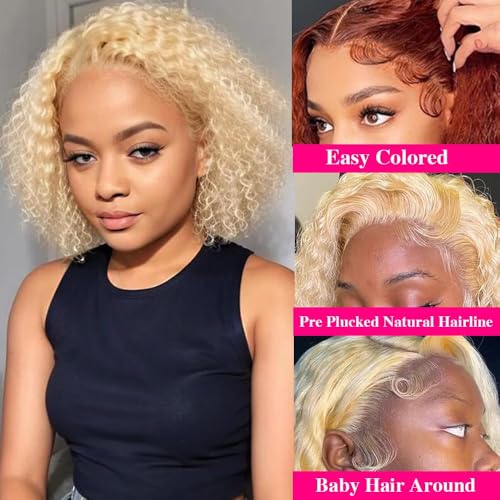 12 Inch 613 13x6 Lace Front Wigs Human Hair Blonde Bob Human Hair Wigs Short Curly Bob Wigs for Black Woman Glueless 613 Frontal Wigs Pre Plucked With Baby Hair 180% Density