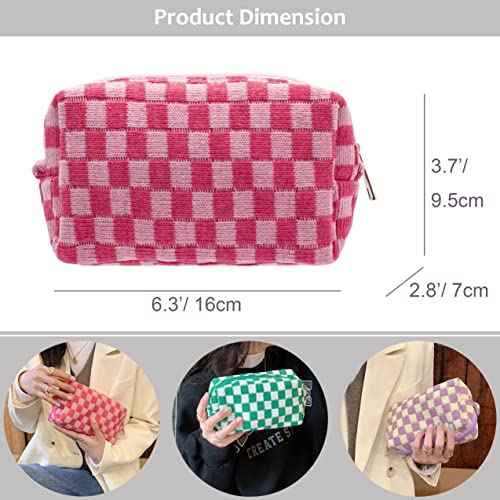 PAZIMIIK Checkered Makeup Bag for Purse Portable Zipper Make Up Pouch Small Cosmetic Case for Travel Accessories (Hotpink)