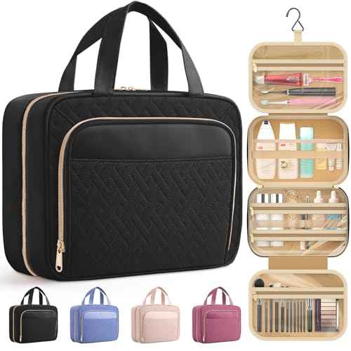 HOTOR Travel Toiletry Bag for Women & Men, Waterproof Makeup Bag with Hanging Hook and Multiple Pockets, Cosmetic Bags for Women, Travel Essentials, 11.2'' x 3.2'' x 8.9'', Black