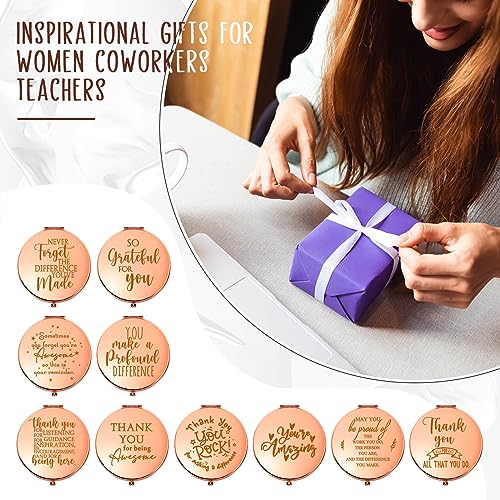 Kathfly 10 Pcs Thank You Gifts for Christmas Thanksgiving Women Mom Inspirational Compact Mirror Employee Appreciation Gifts Motivational Magnifying Pocket Mirror for Teachers(Rose Gold)