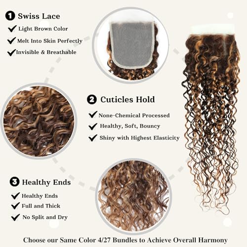 ALHER Water Wave Ombre Human Hair 4x4 Closure, 12A Honey Brown Highlight P4/27 Piano Color Wet and Wavy 100% Virgin Remy Human Hair Pre Plucked with Baby Hair Free Part Melt 4x4 Lace Closure 10 Inch